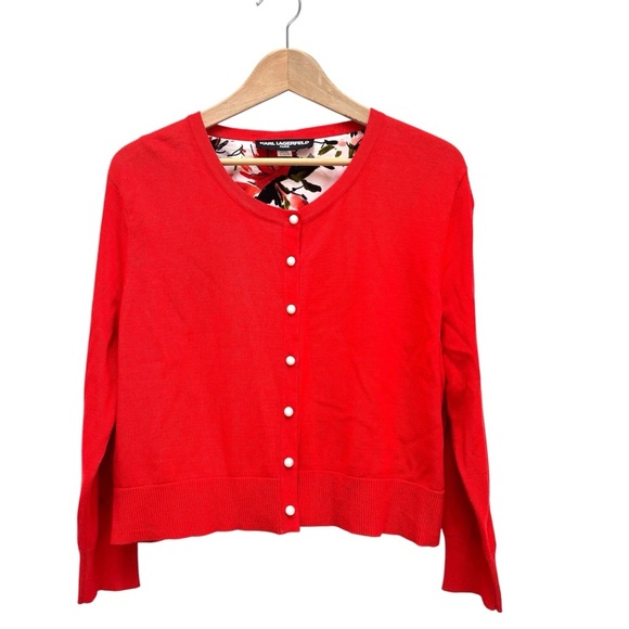 Karl Lagerfeld Pearl Button Knit Cardigan Sweater Floral Lined Red Size XL New - Picture 1 of 11